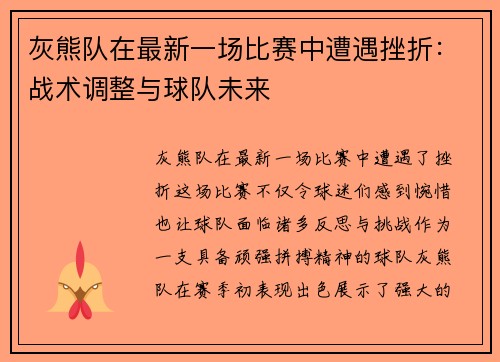 灰熊队在最新一场比赛中遭遇挫折：战术调整与球队未来