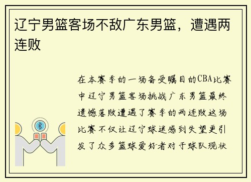 辽宁男篮客场不敌广东男篮，遭遇两连败