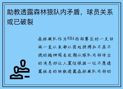 助教透露森林狼队内矛盾，球员关系或已破裂