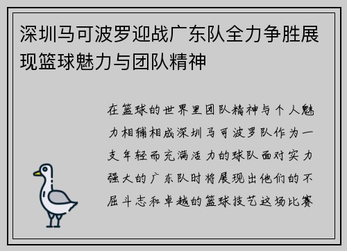 深圳马可波罗迎战广东队全力争胜展现篮球魅力与团队精神