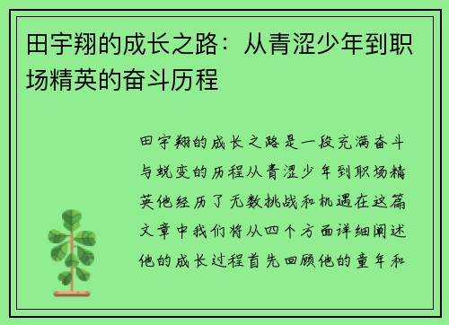 田宇翔的成长之路：从青涩少年到职场精英的奋斗历程