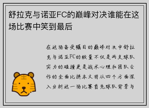 舒拉克与诺亚FC的巅峰对决谁能在这场比赛中笑到最后
