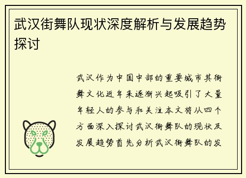 武汉街舞队现状深度解析与发展趋势探讨